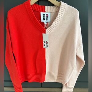 NWT Kerri Rosenthal XO KR  Radiant Heart Colorblock V-Neck Knit Sweater • S